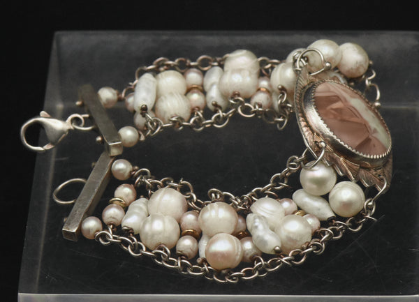 Julie Shaw - Vintage Handmade Sterling Silver and 14K Gold, Jasper and Pearls Bracelet - 7.5"