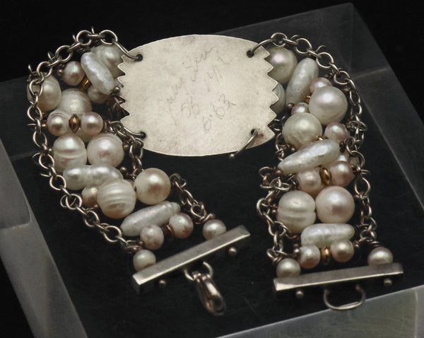 Julie Shaw - Vintage Handmade Sterling Silver and 14K Gold, Jasper and Pearls Bracelet - 7.5"