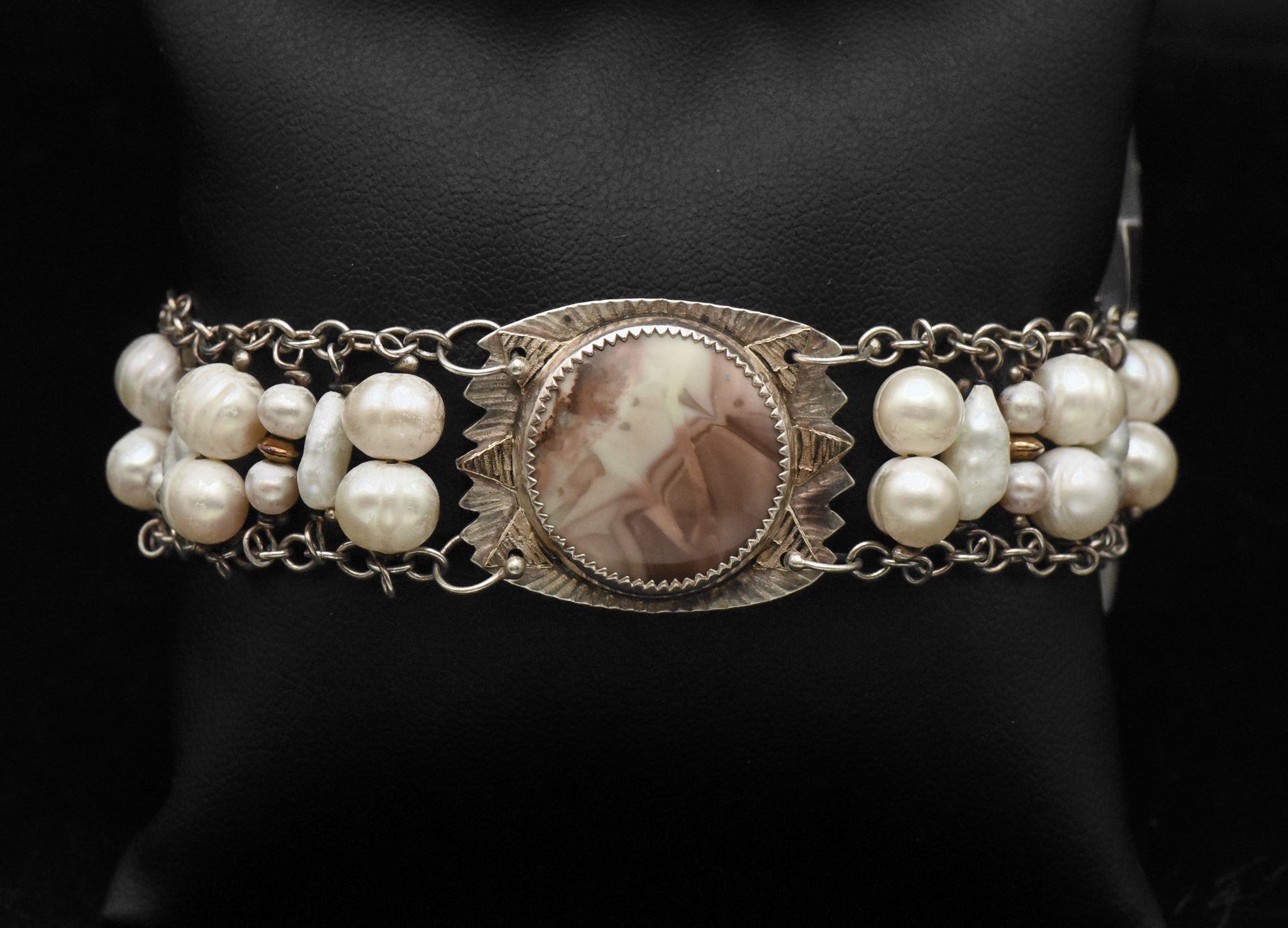 Julie Shaw - Vintage Handmade Sterling Silver and 14K Gold, Jasper and Pearls Bracelet - 7.5"