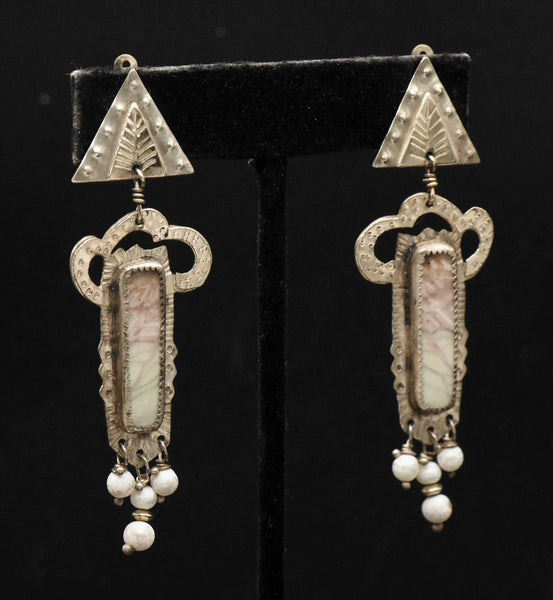 Julie Shaw - Vintage Handmade Sterling Silver and 14K Gold, Jasper and Pearls Clip On Earrings