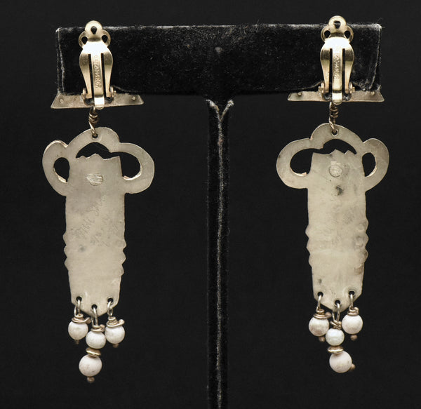 Julie Shaw - Vintage Handmade Sterling Silver and 14K Gold, Jasper and Pearls Clip On Earrings