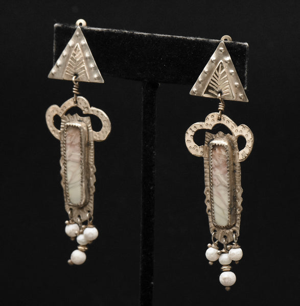 Julie Shaw - Vintage Handmade Sterling Silver and 14K Gold, Jasper and Pearls Clip On Earrings