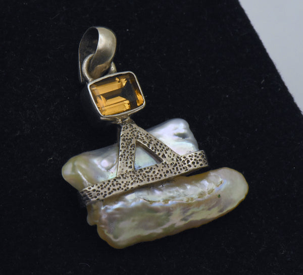 Handmade Keshi Pearl and Citrine Sterling Silver Pendant