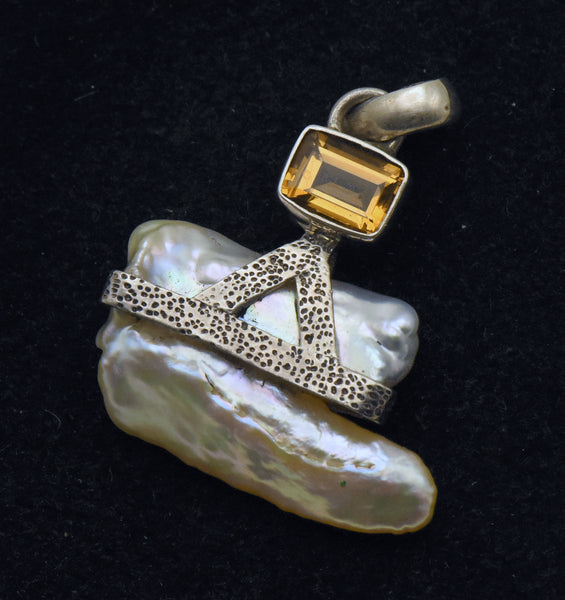 Handmade Keshi Pearl and Citrine Sterling Silver Pendant