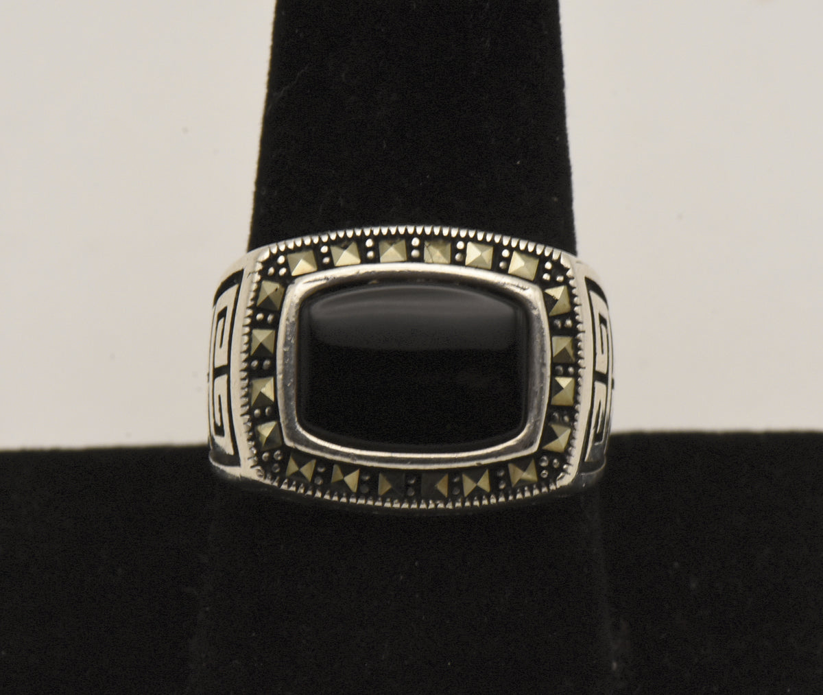Vintage Sterling Silver Black Onyx and Marcasite Ring - Size 9.25