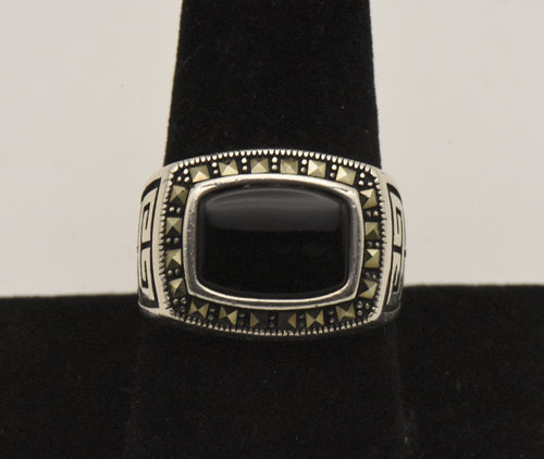 Vintage Sterling Silver Black Onyx and Marcasite Ring - Size 9.25