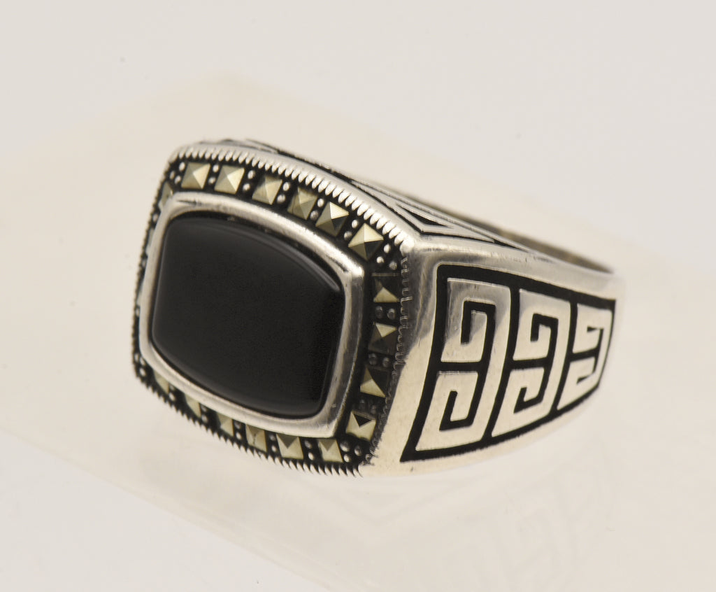 Vintage Sterling Silver Black Onyx and Marcasite Ring - Size 9.25
