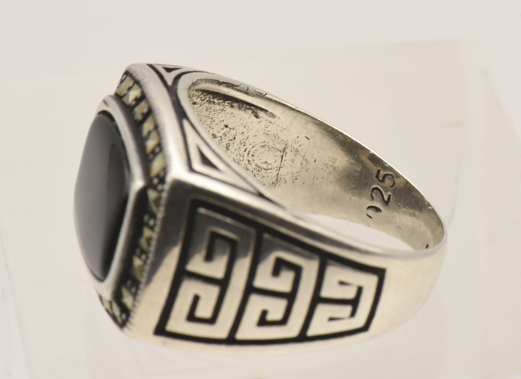 Vintage Sterling Silver Black Onyx and Marcasite Ring - Size 9.25