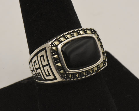 Vintage Sterling Silver Black Onyx and Marcasite Ring - Size 9.25