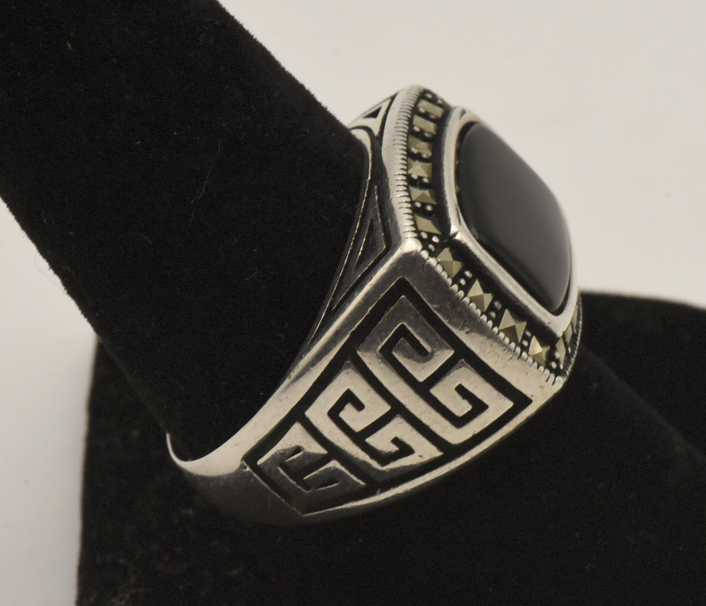 Vintage Sterling Silver Black Onyx and Marcasite Ring - Size 9.25