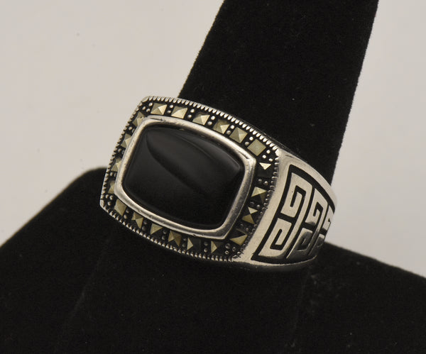 Vintage Sterling Silver Black Onyx and Marcasite Ring - Size 9.25