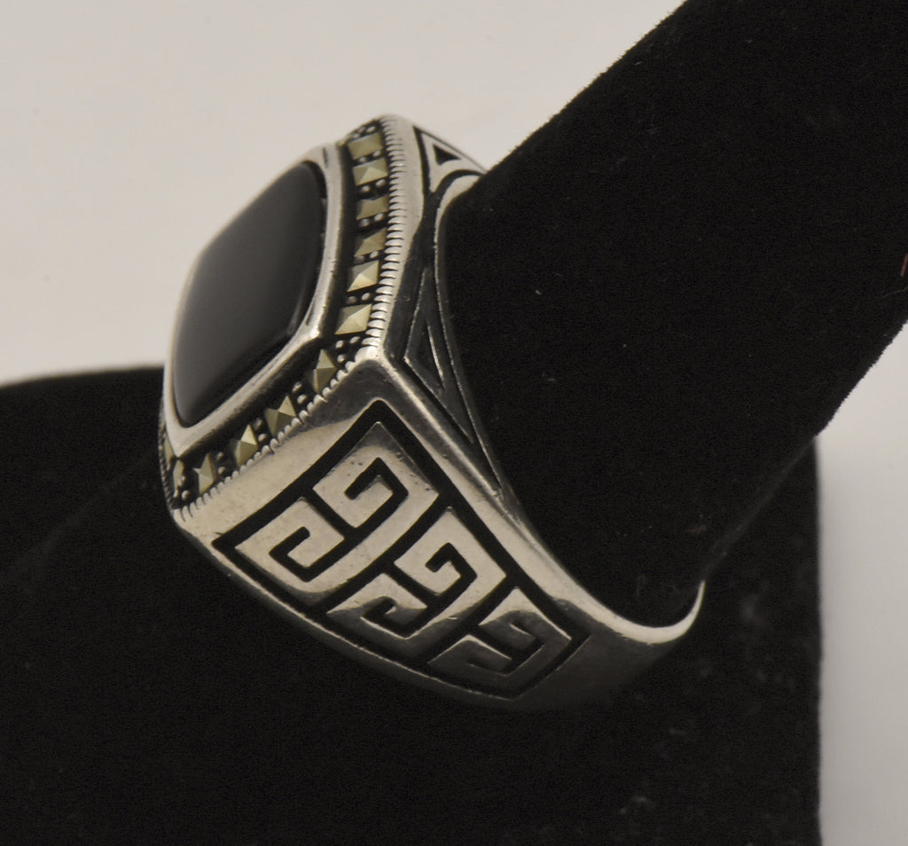 Vintage Sterling Silver Black Onyx and Marcasite Ring - Size 9.25