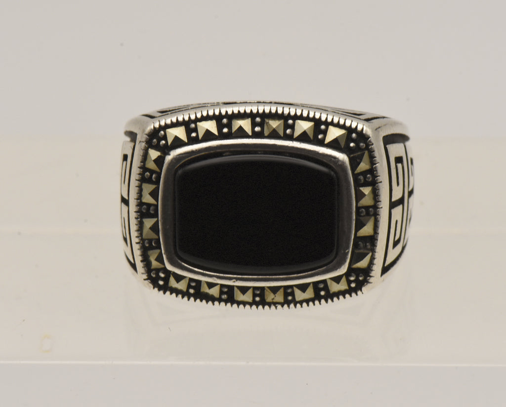 Vintage Sterling Silver Black Onyx and Marcasite Ring - Size 9.25