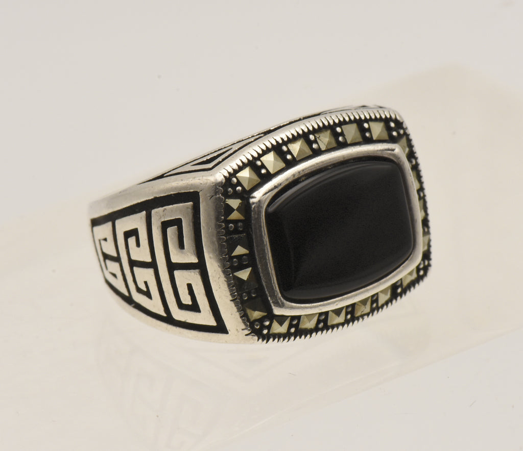 Vintage Sterling Silver Black Onyx and Marcasite Ring - Size 9.25