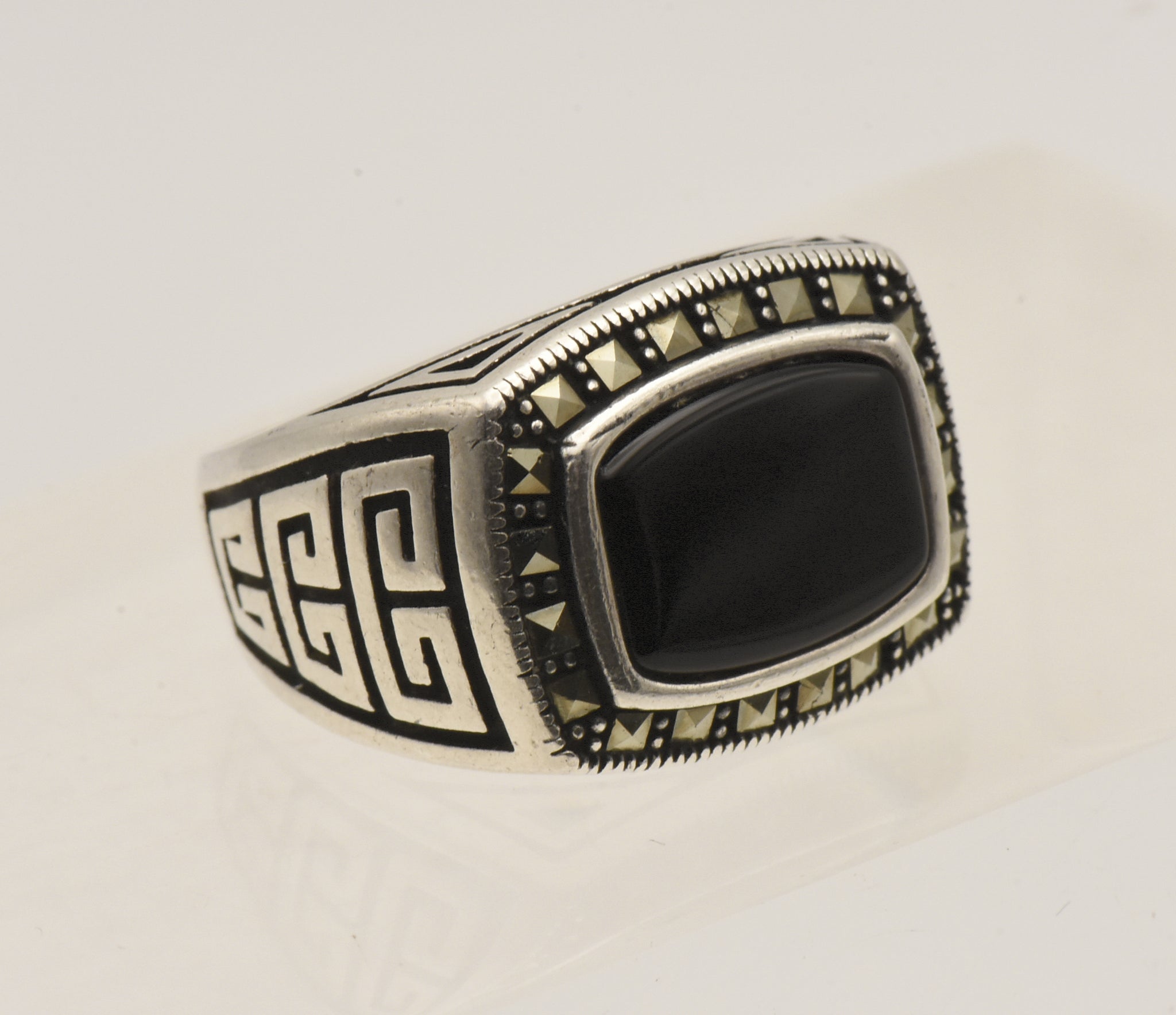 Sterling Silver Onyx and Marcasite Ring Size on sale 6