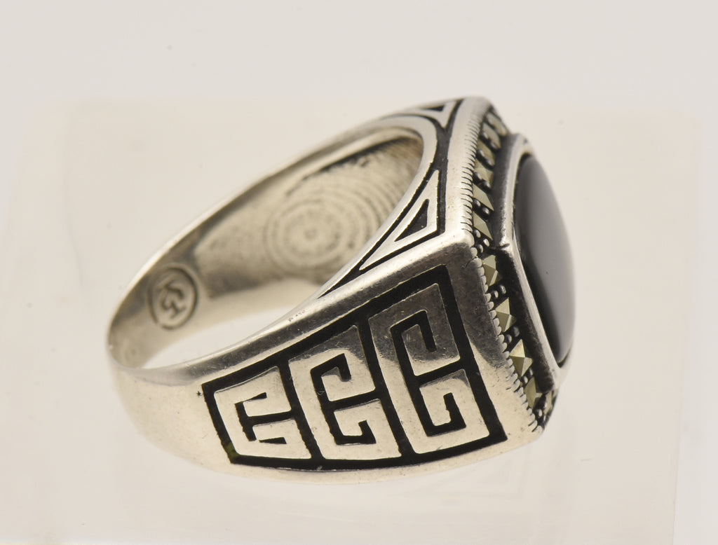 Vintage Sterling Silver Black Onyx and Marcasite Ring - Size 9.25