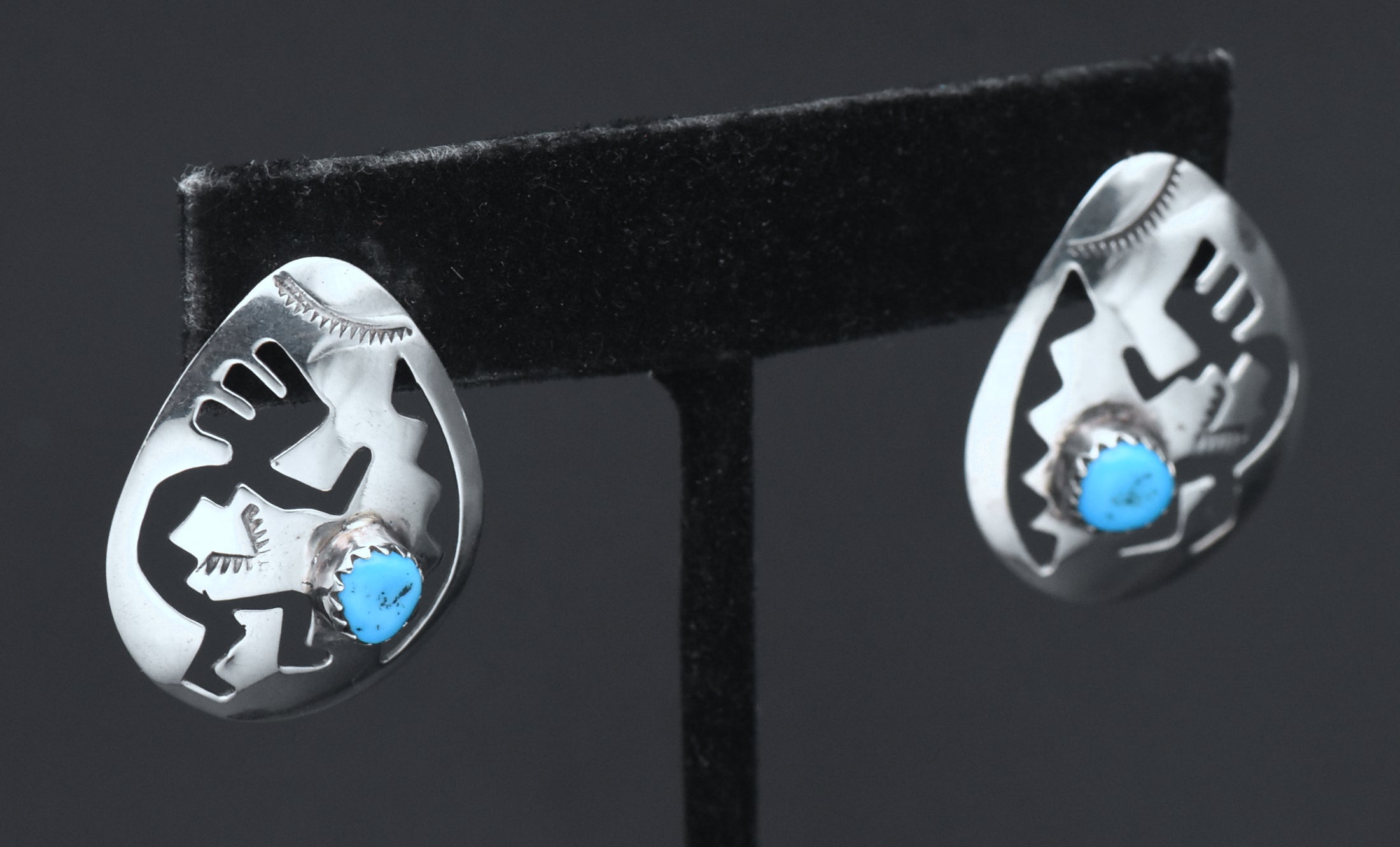 Vintage Handmade Turquoise and Sterling Silver Kokopelli Stud Earrings