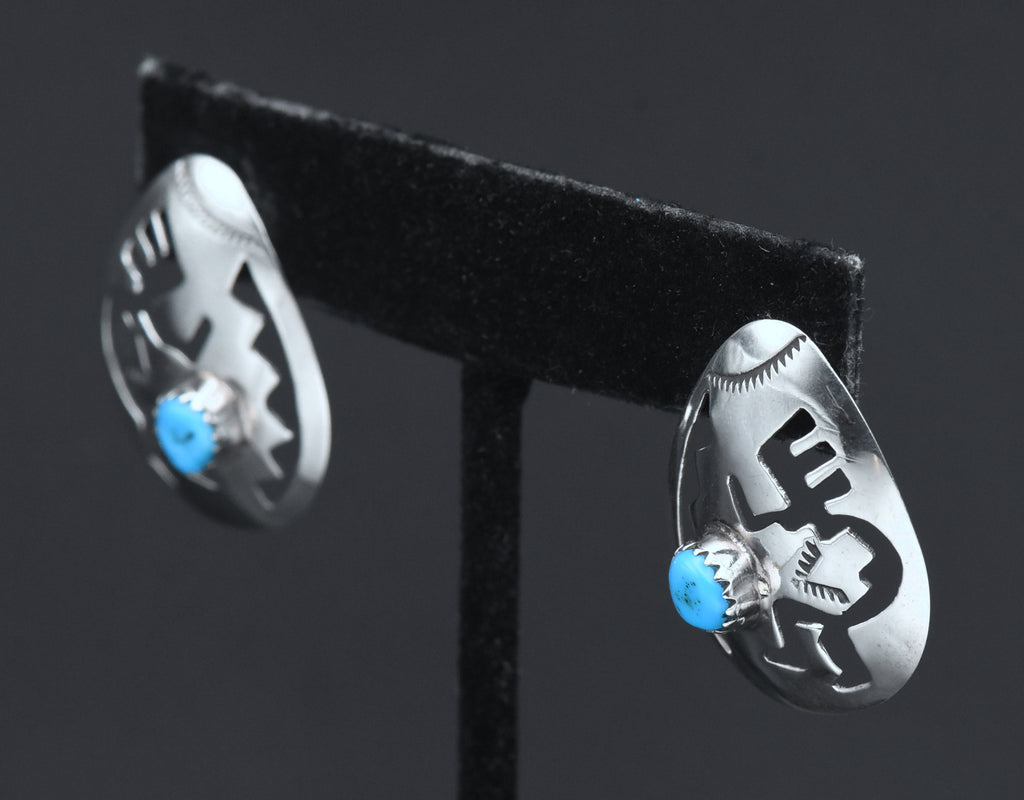 Vintage Handmade Turquoise and Sterling Silver Kokopelli Stud Earrings