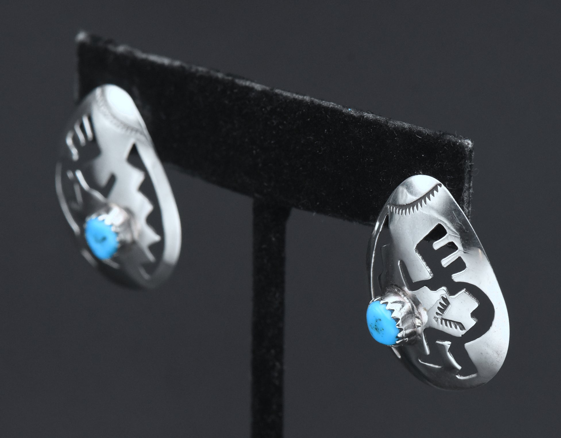 Vintage Handmade Turquoise and Sterling Silver Kokopelli Stud Earrings
