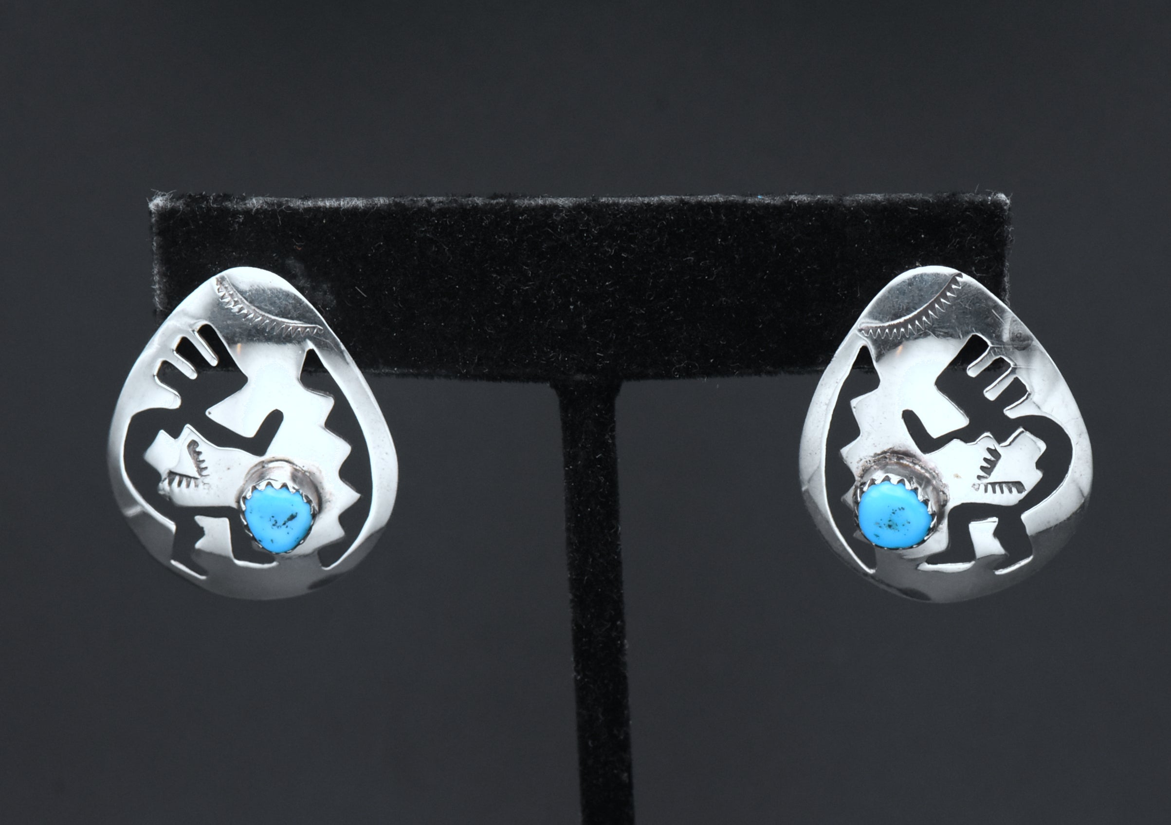 Vintage Handmade Turquoise and Sterling Silver Kokopelli Stud Earrings