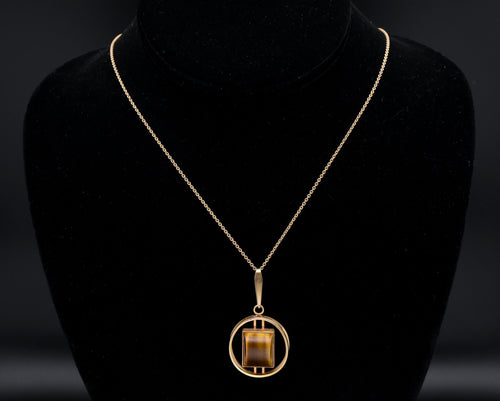 Kordes & Lichtenfels - 9kt Gold Tiger's Eye Pendant Gold Chain Necklace - 18"