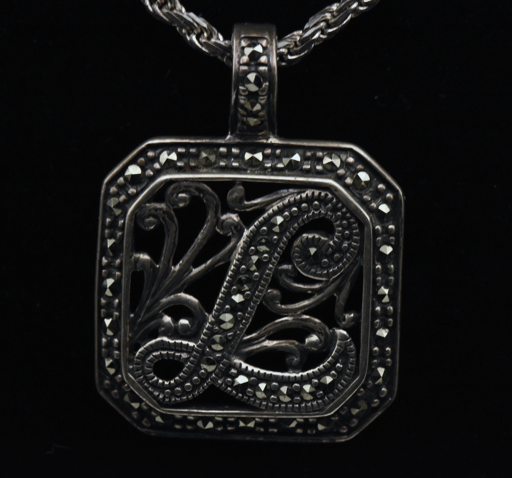 Vintage Sterling Silver "L" Monogram Marcasite Pendant Chain Necklace - 24"
