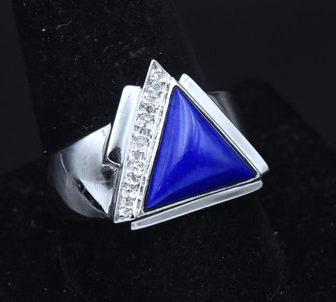 Vintage Lapis Lazuli and Diamonds Sterling Silver Ring - Size 10.25