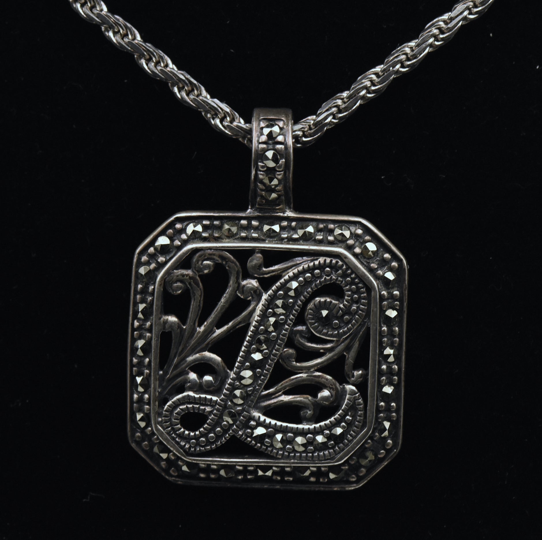 Vintage Sterling Silver "L" Monogram Marcasite Pendant Chain Necklace - 24"