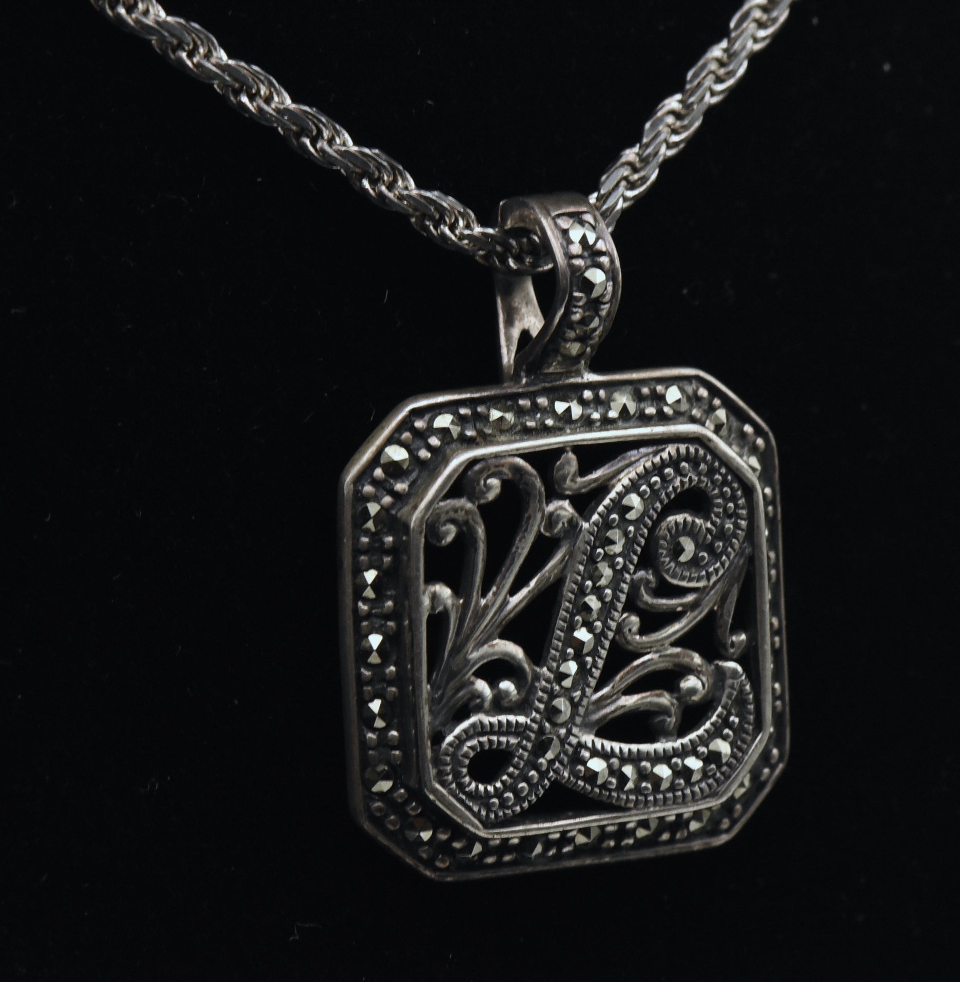 Vintage Sterling Silver "L" Monogram Marcasite Pendant Chain Necklace - 24"