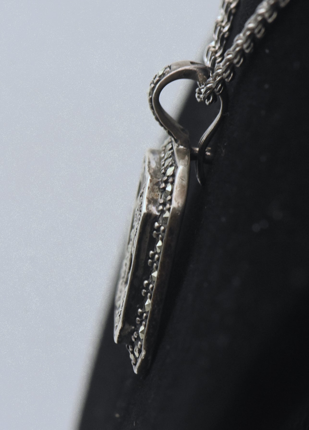 Vintage Sterling Silver "L" Monogram Marcasite Pendant Chain Necklace - 24"