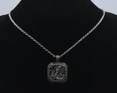 Vintage Sterling Silver "L" Monogram Marcasite Pendant Chain Necklace - 24"