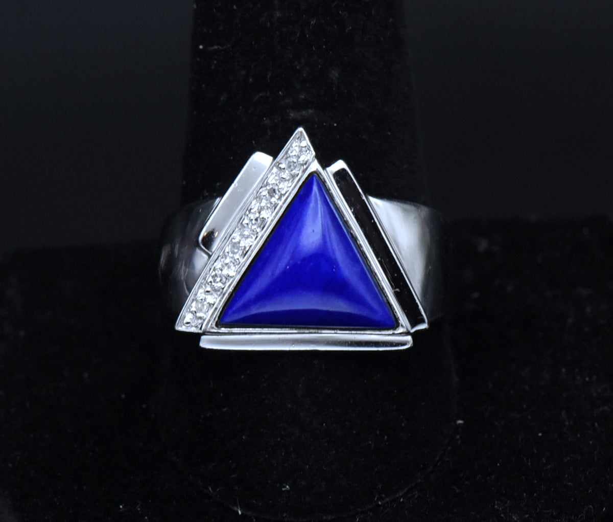 Vintage Lapis Lazuli and Diamonds Sterling Silver Ring - Size 10.25