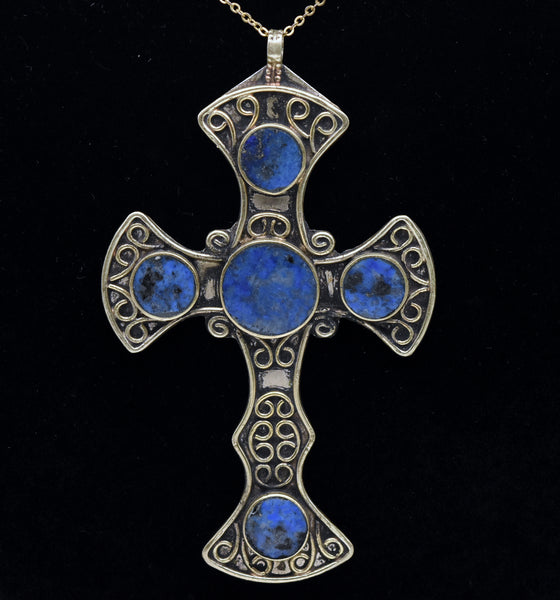 Vintage Lapis Lazuli Silver Tone Metal Cross Pendant Necklace - 17.75"