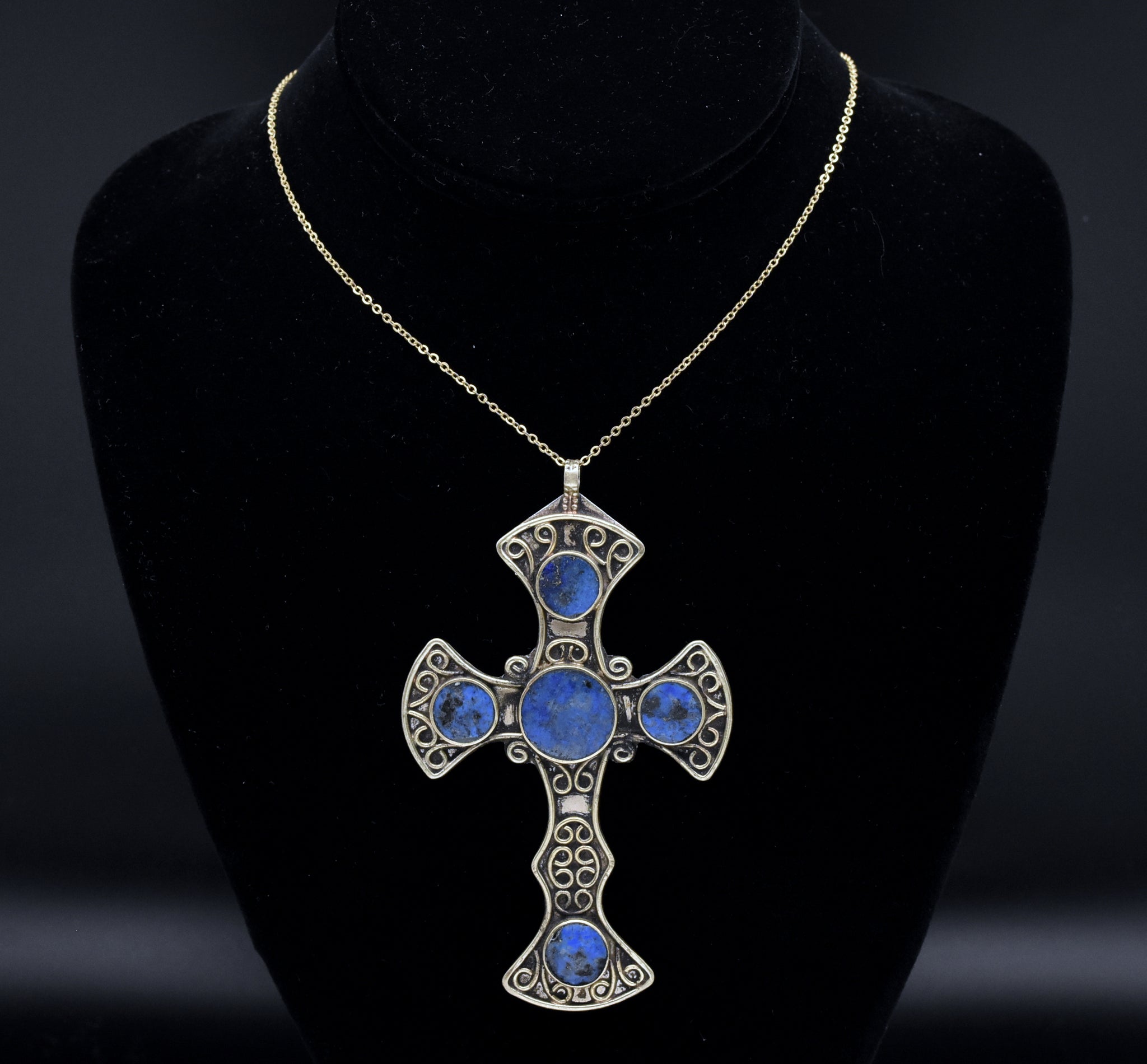 Vintage Lapis Lazuli Silver Tone Metal Cross Pendant Necklace - 17.75"