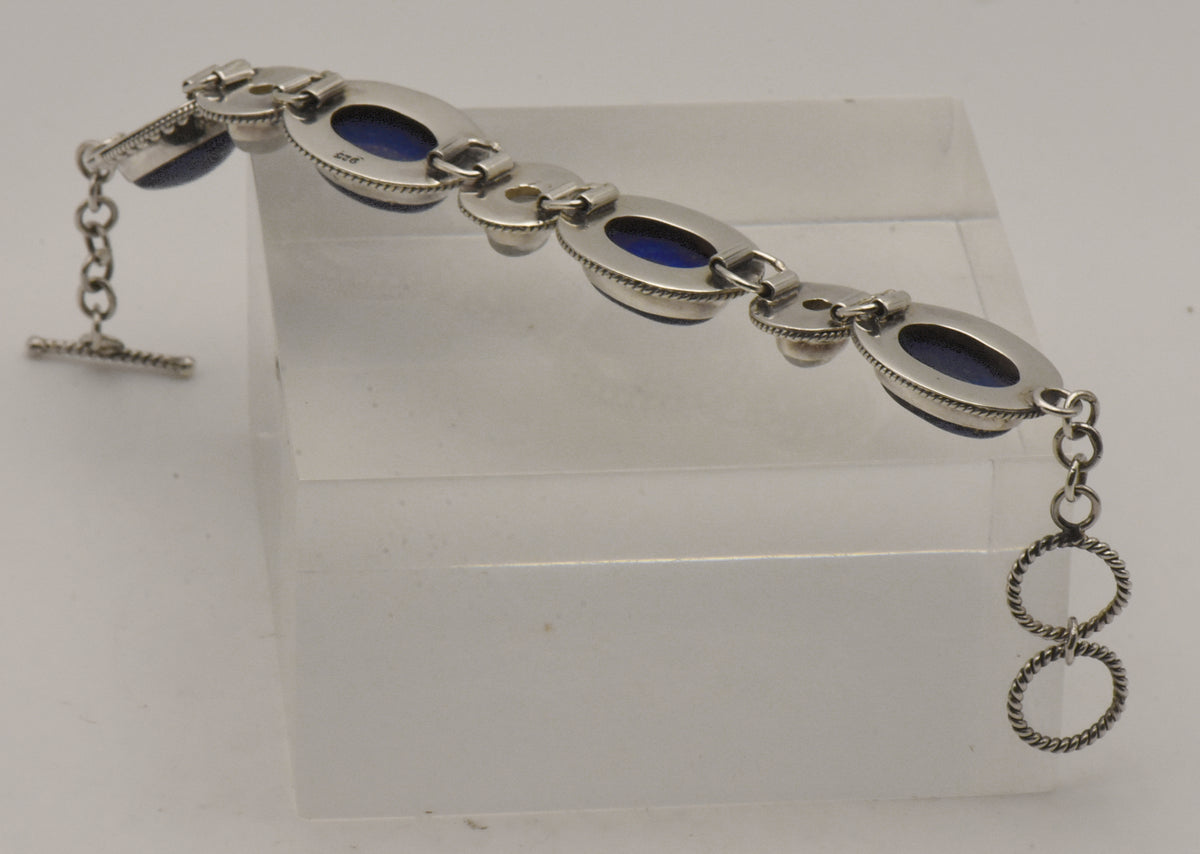 Vintage Handmade Lapis Lazuli and Moonstone Sterling Silver Link Bracelet