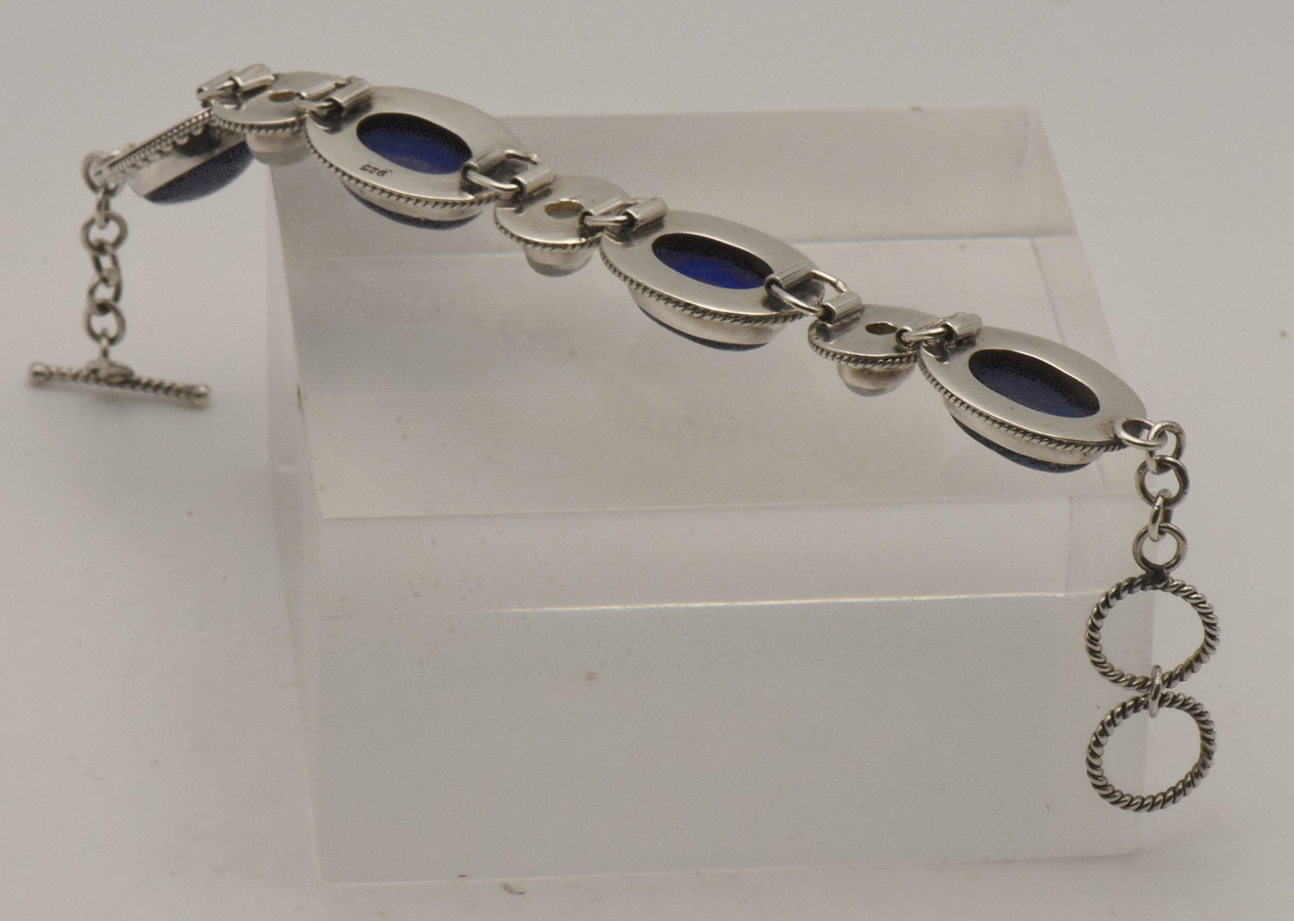 Vintage Handmade Lapis Lazuli and Moonstone Sterling Silver Link Bracelet