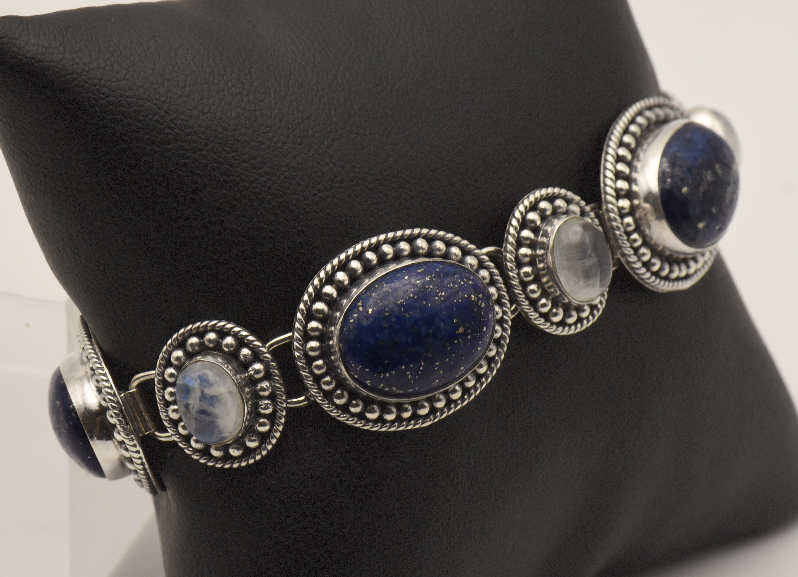 Vintage Handmade Lapis Lazuli and Moonstone Sterling Silver Link Bracelet