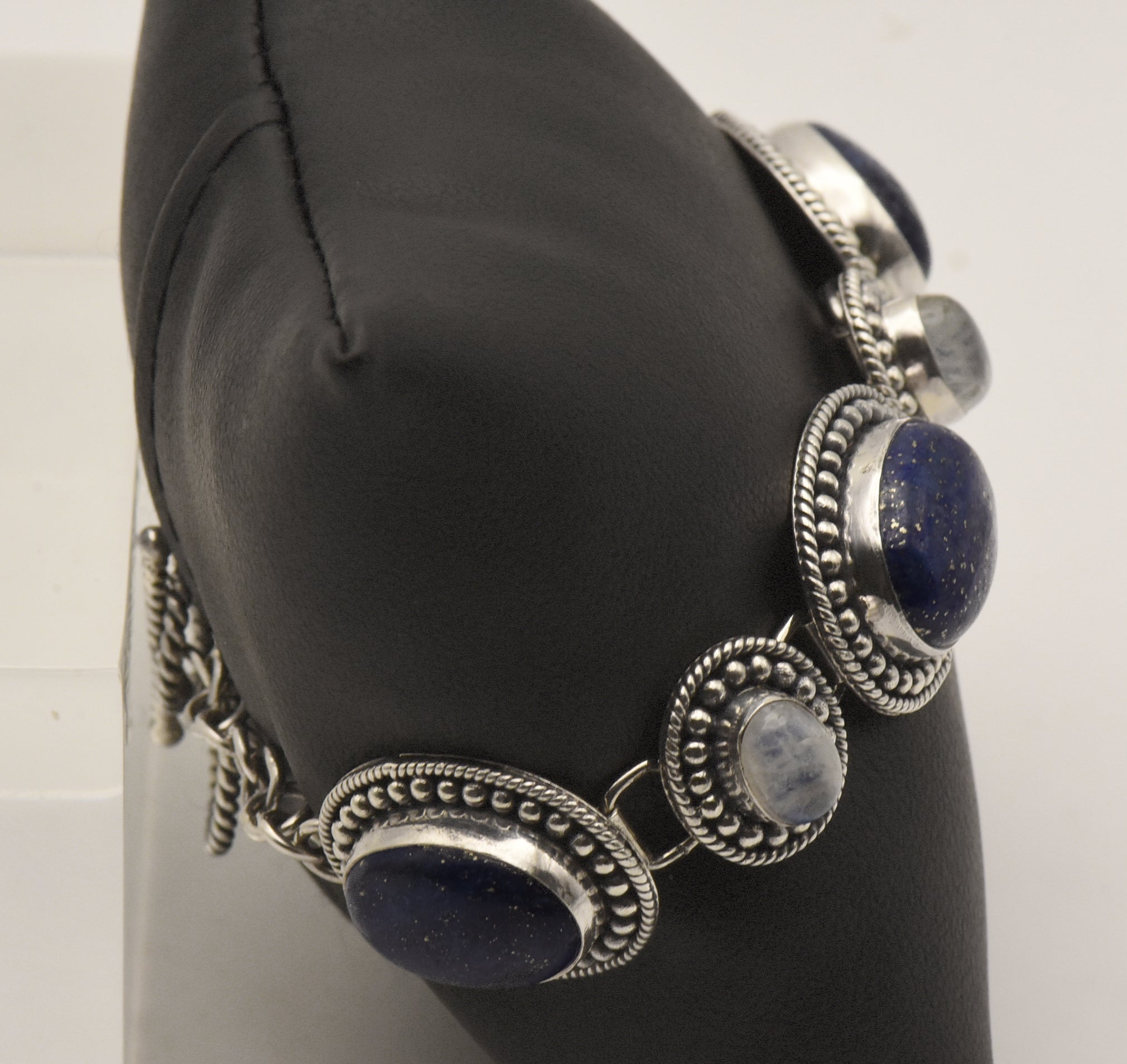 Vintage Handmade Lapis Lazuli and Moonstone Sterling Silver Link Bracelet