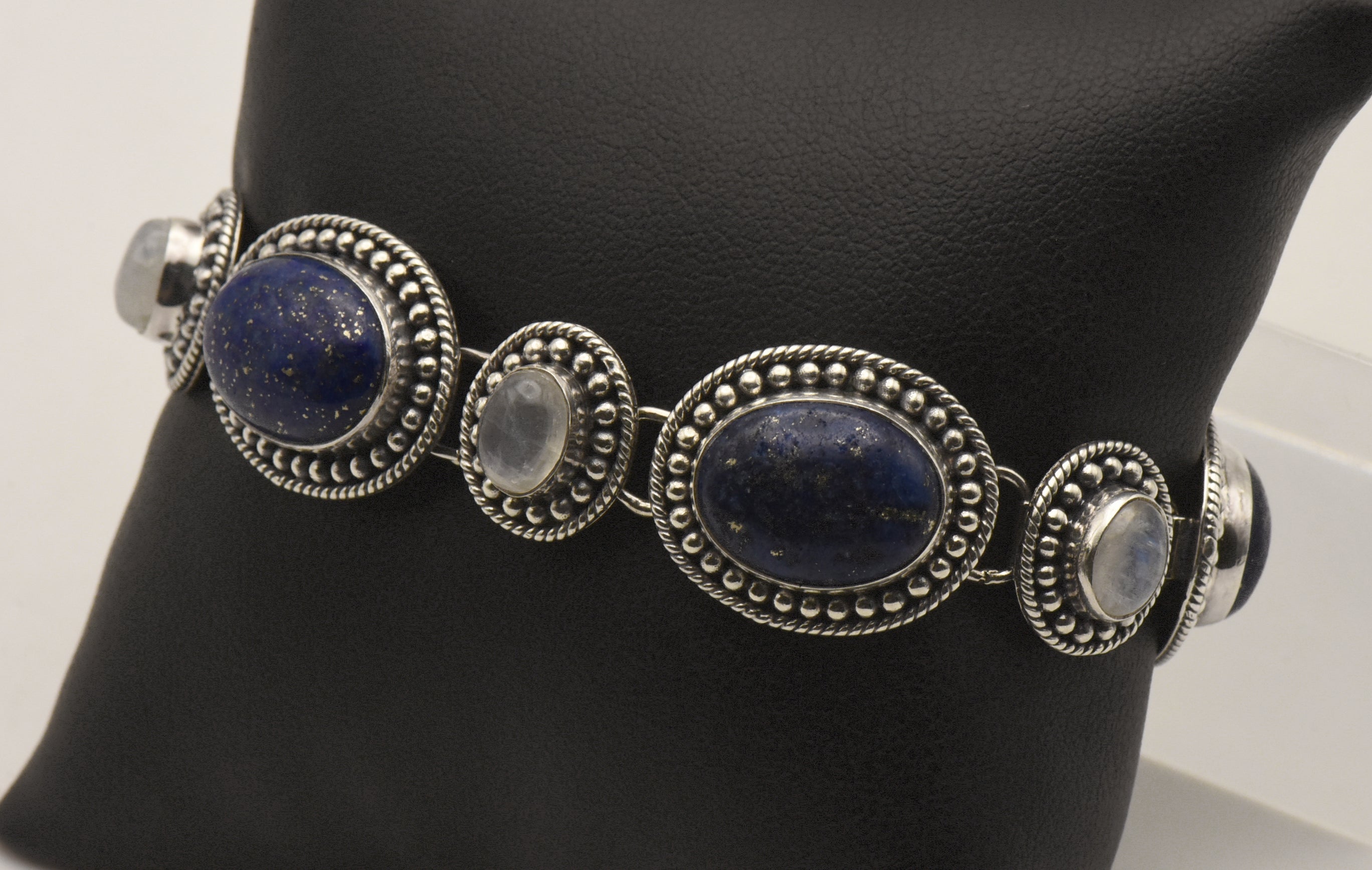 Vintage Handmade Lapis Lazuli and Moonstone Sterling Silver Link Bracelet