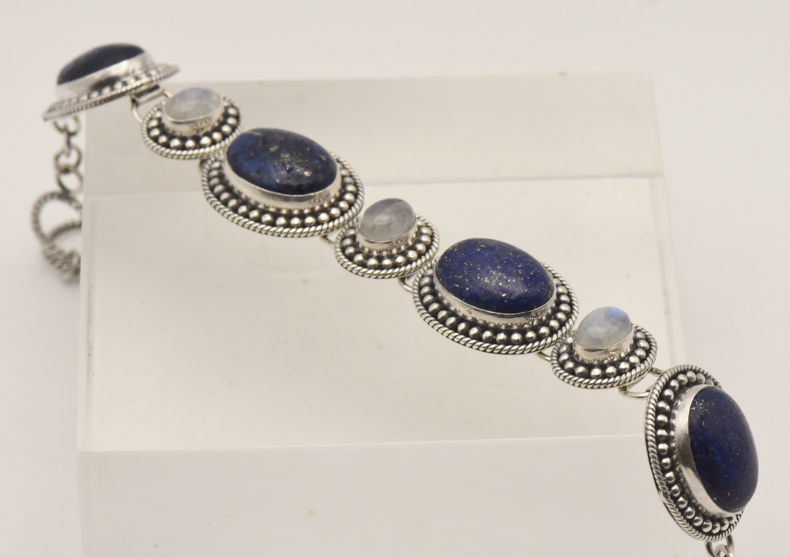 Vintage Handmade Lapis Lazuli and Moonstone Sterling Silver Link Bracelet