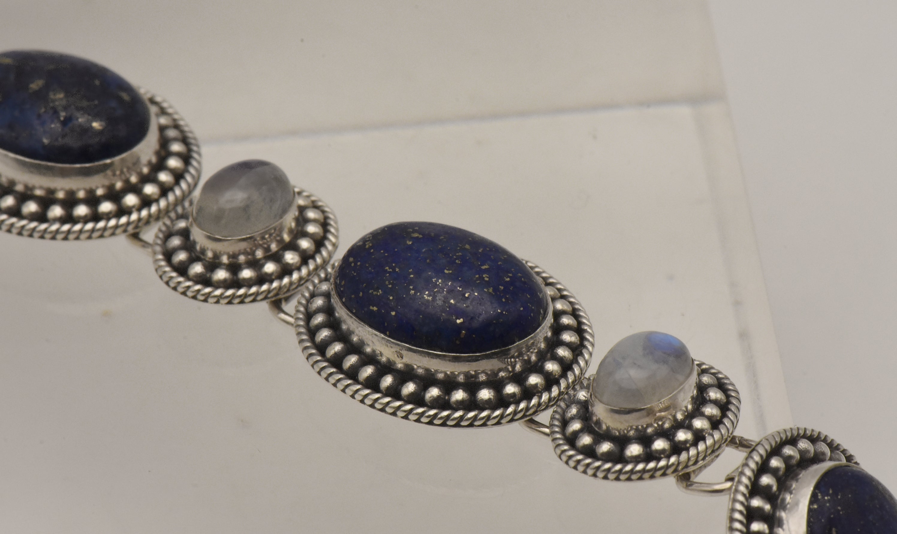 Vintage Handmade Lapis Lazuli and Moonstone Sterling Silver Link Bracelet