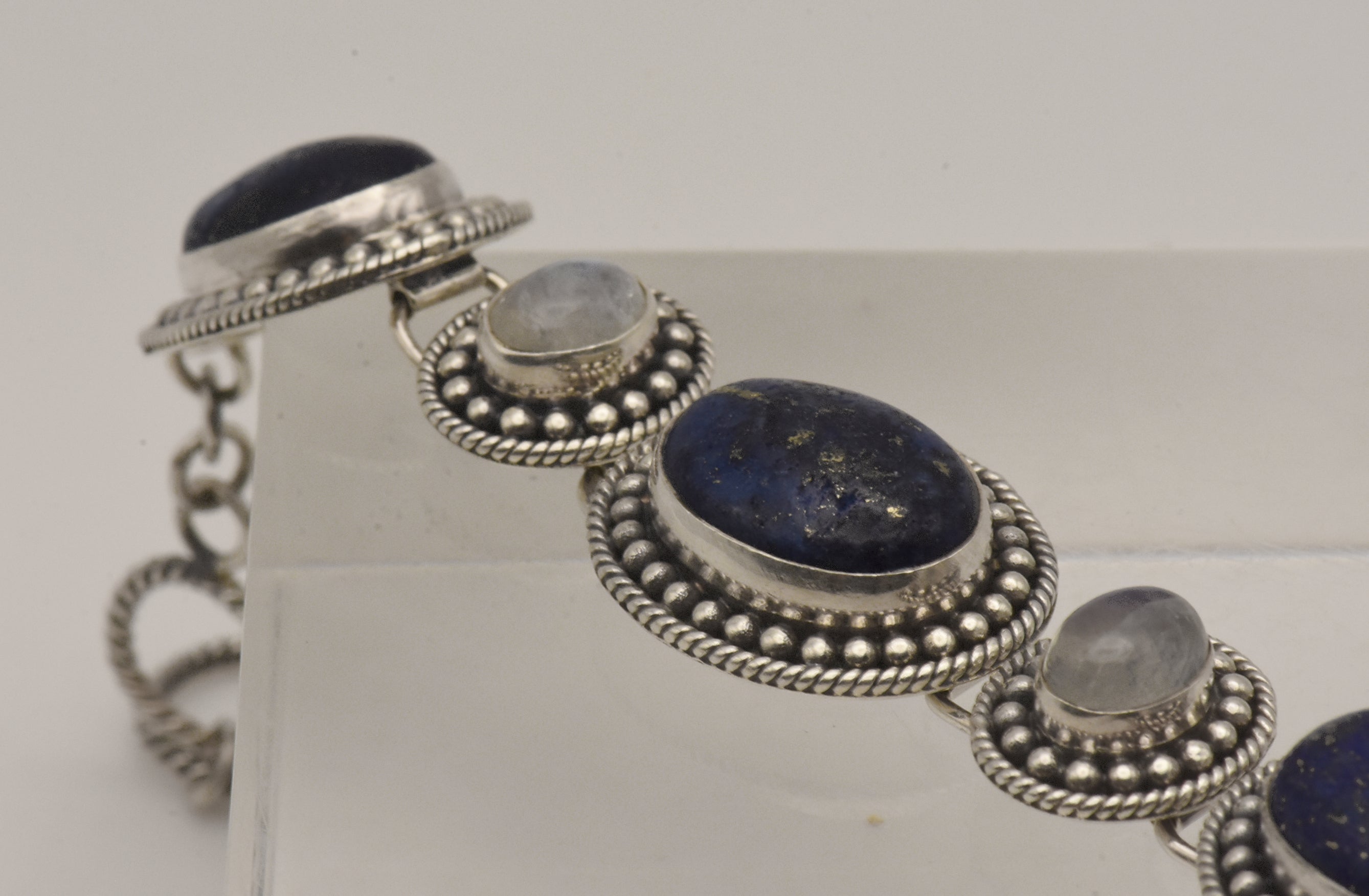 Vintage Handmade Lapis Lazuli and Moonstone Sterling Silver Link Bracelet