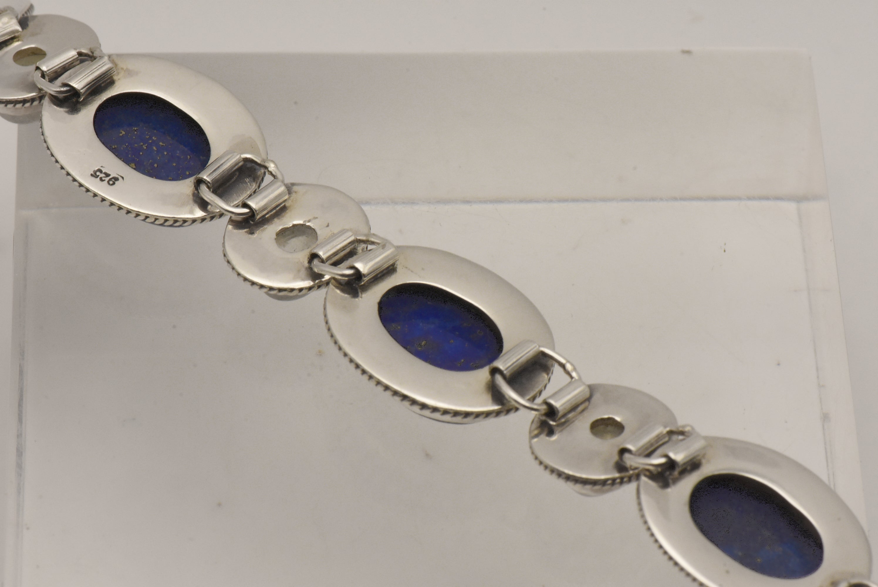 Vintage Handmade Lapis Lazuli and Moonstone Sterling Silver Link Bracelet
