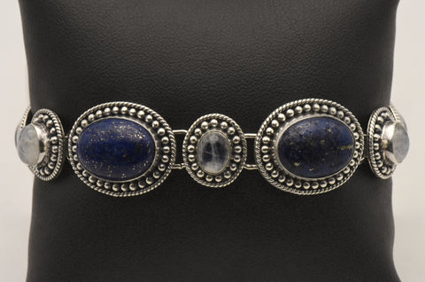 Vintage Handmade Lapis Lazuli and Moonstone Sterling Silver Link Bracelet