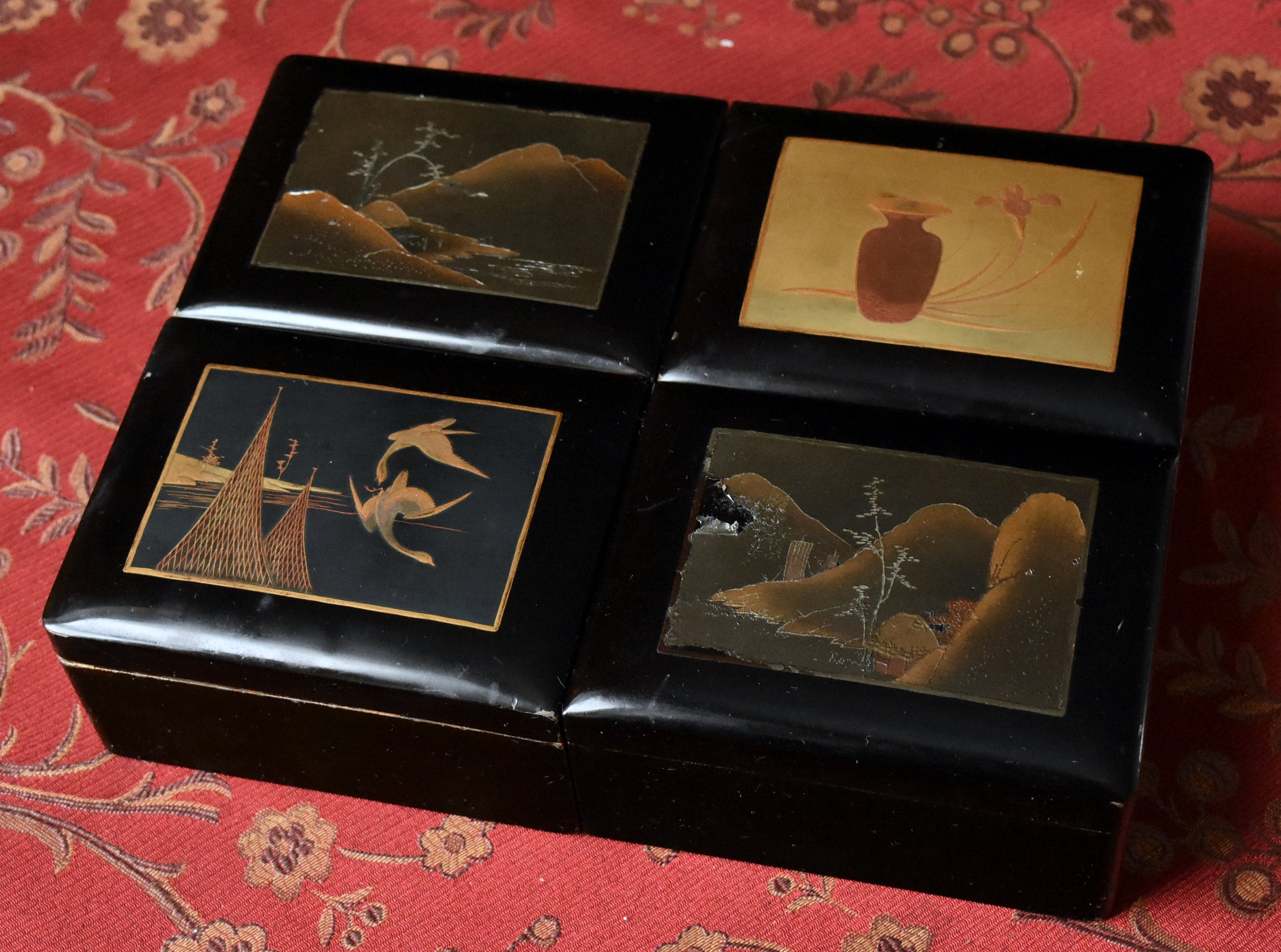 Antique Metal Inlaid Lacquer Wooden Box Set - AS IS