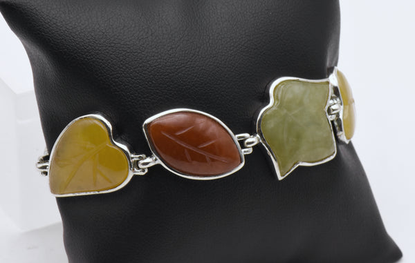 Vintage Sterling Silver and Jade Leaves Link Bracelet - 7.5"