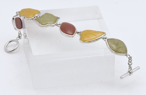 Vintage Sterling Silver and Jade Leaves Link Bracelet - 7.5"
