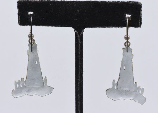 Vintage Sterling Silver Enameled Lighthouse Dangle Earrings