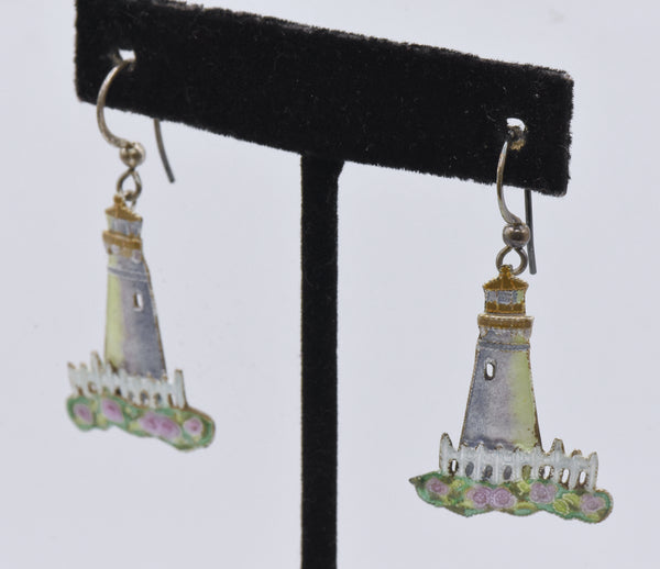 Vintage Sterling Silver Enameled Lighthouse Dangle Earrings