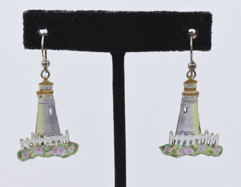 Vintage Sterling Silver Enameled Lighthouse Dangle Earrings